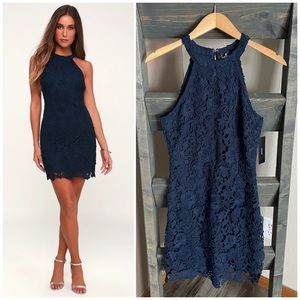 NEW Lulus Love Poem Navy Blue Lace Mini Dress